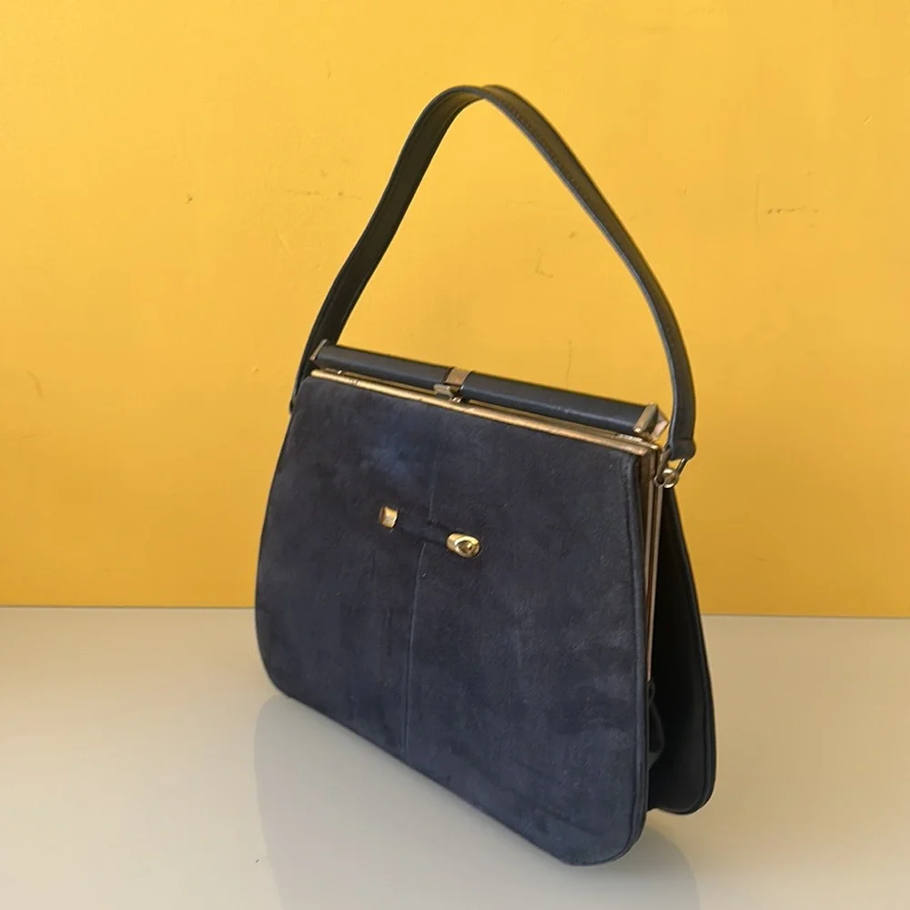 Vintage Naturalizer Blue Suede Leather Top Handle Frame Purse Bag Pocketbook